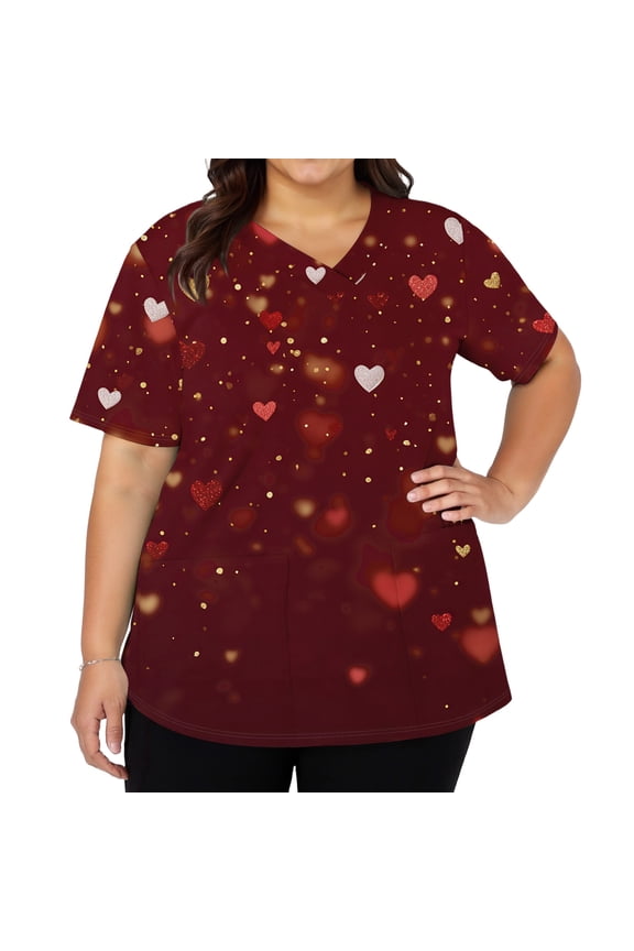 Women's Fashion V-Neck Short Sleeve Work Top with Side Slits, Pockets, Valentine's Day Heart Print and Heart Elements, Casual Professional Shirt,Complexion,4XL