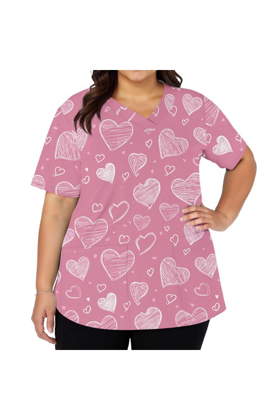 Women's Fashion V-Neck Short Sleeve Work Top with Side Slits, Pockets, Valentine's Day Heart Print and Heart Elements, Casual Professional Shirt,Light pink,3XL