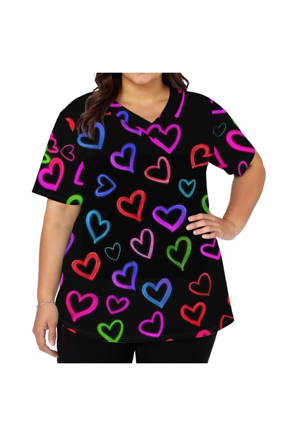 Women's Fashion V-Neck Short Sleeve Work Top with Side Slits, Pockets, Valentine's Day Heart Print and Heart Elements, Casual Professional Shirt,Vermilion,S