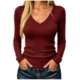 thumbnail image 1 of Women's Fashion V Neck Tops Ribbed Knit Long Sleeve Top Slim Fitted Stretchy Basic Tee Shirt, 1 of 8