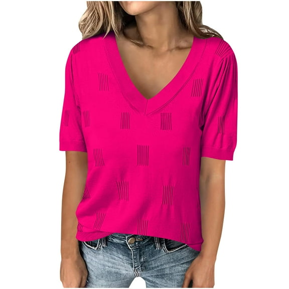 Women's Fashion V-neck Bubble Sleeve Loose Fit Casual Knitted Short Sleeve, Soft and Comfortable Knit Top, Lightweight and Breathable, Perfect for Everyday Wear, Stylish and Relaxed Summer Shirt