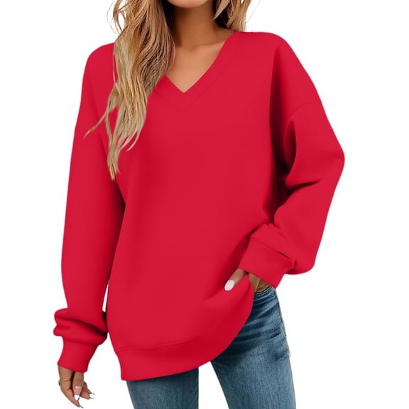 Women's Fashion V-neck Cozy Long Sleeved Sweatshirt Pullover Casual Sweat Shirts Cute Fall Winter Loose Fit Outfits