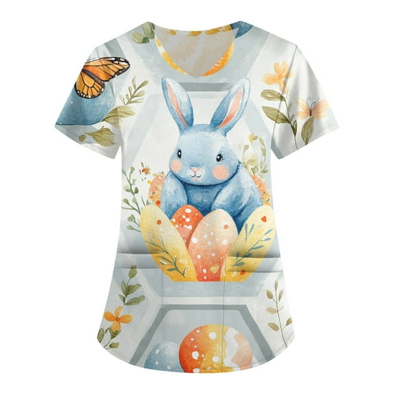 Women's Fashion V-neck Short-sleeved Work Clothes With Pockets Easter Print Top Care Wear