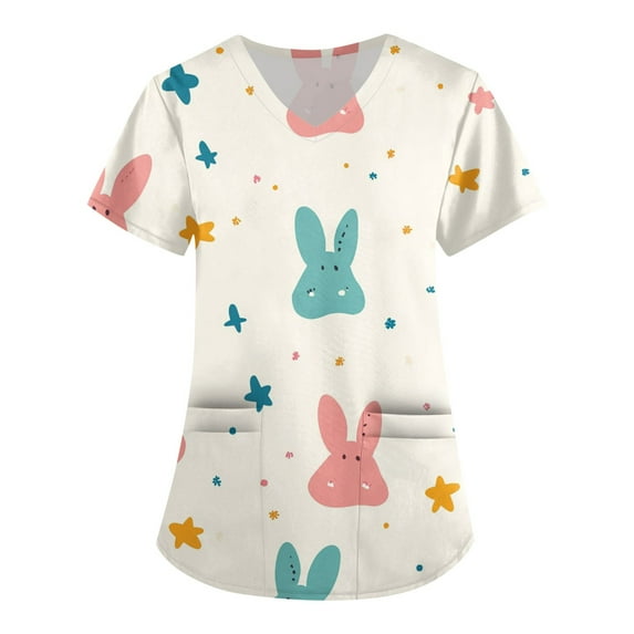 Women's Fashion V-neck Short-sleeved Work Clothes With Pockets Easter Print Top Care Wear
