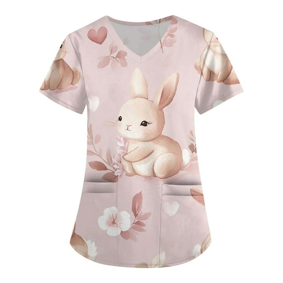 Women's Fashion V-neck Short-sleeved Work Clothes With Pockets Easter Print Top Care Wear
