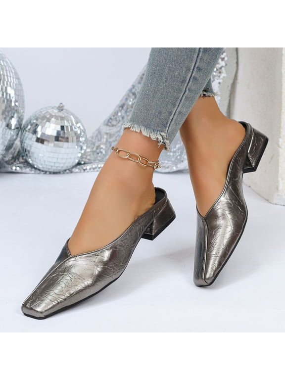 Women's Fashion Versatile Flats Plus Size Leather Square Toe Shoes Spring Summer Trendy Comfortable Outdoor Wear Slip On Backless Casual Low Heel Slides Rose Gold 8.5