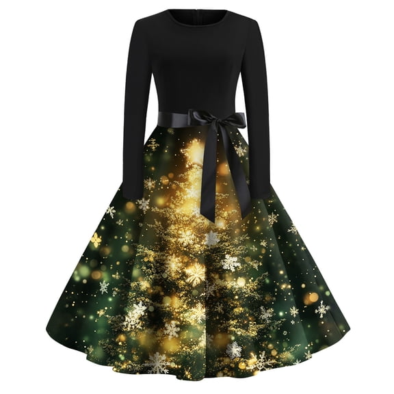 Women's Fashion Vintage Long Sleeve Round Neck Christmas Printed Party Gown Dress, Holiday Print, Retro Style, Evening Wear, Festive Dress, Elegant,Light Green,XL