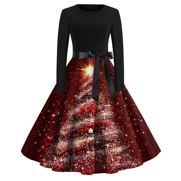 Women's Fashion Vintage Long Sleeve Round Neck Christmas Printed Party Gown Dress, Holiday Print, Retro Style, Evening Wear, Festive Dress, Elegant,Red,5XL