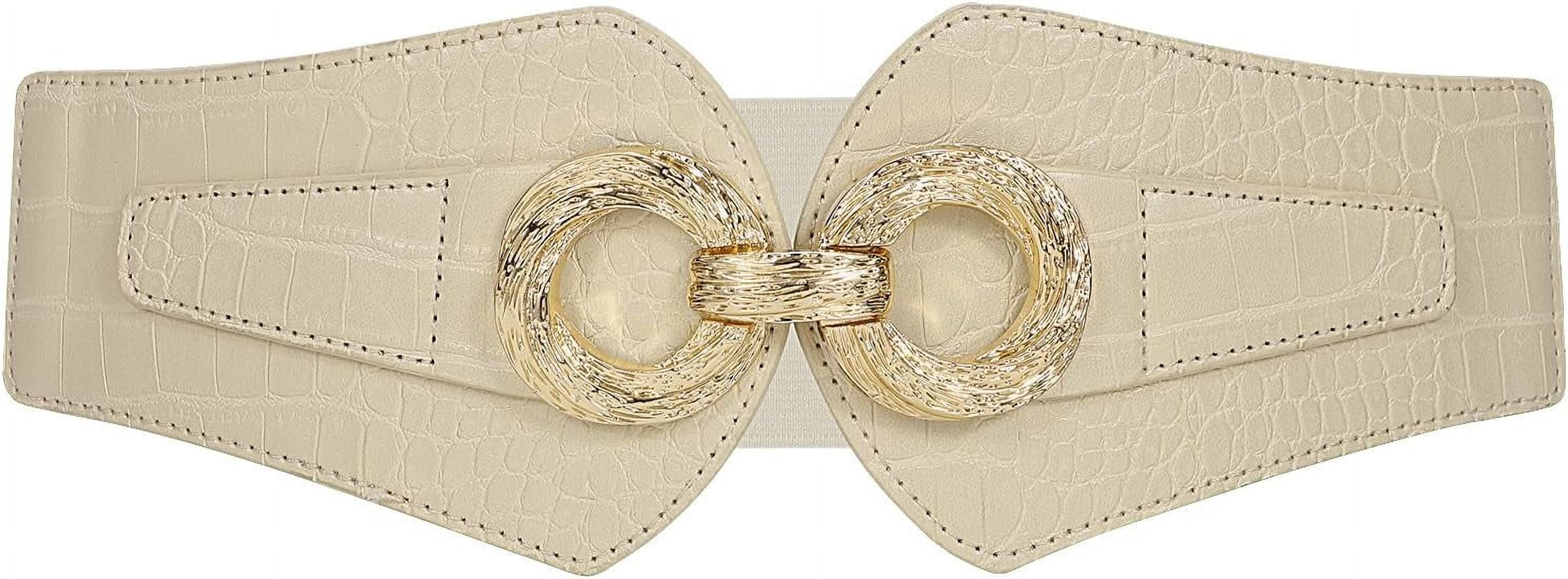 Wide Elastic Stretch Waist Belt with Gold Interlock Buckle Premium Medallion Rhinestones Buckle Wide Elastic Stretch  main image 2