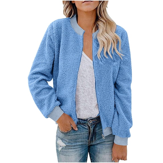 Women's Fashion Warm Shearling Zip Up Solid Jacket Sky Blue M