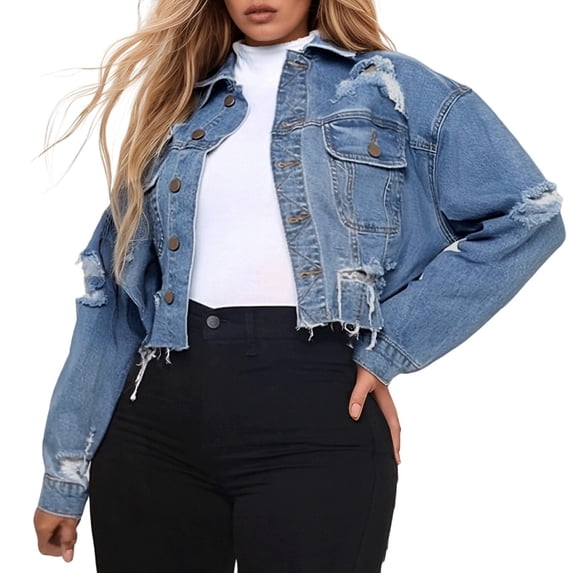 Women's Fashion Washed Distressed Cropped Denim Jacket Long Sleeve Ripped Hole Short Jean Coat Fall 2025