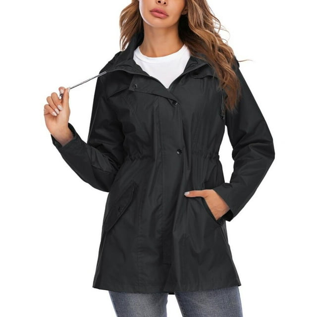 Women's Fashion Waterproof Windproof Raincoat Striped Lining Lightweight Jacket with Hood Long Fashion Outdoor Jacket
