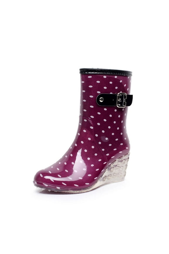 Women's Fashion Wave Point Rain Boots Wedges Leg Rain Boots with Button DecorationWater Shoes Olive Overalls Women Purple Women Sandal