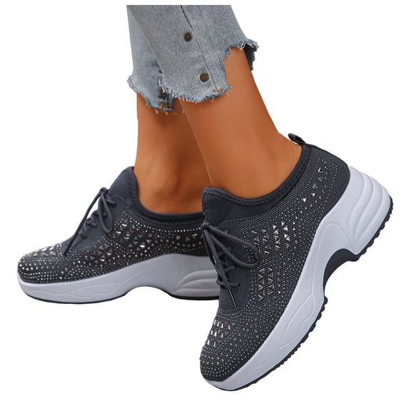 Women's Fashion Wedge Sneakers Breathable Glittery Rhinestone Bling Sparkly Sneakers Wedding Dressy Knitted Tennis Shoes Gray Size 7
