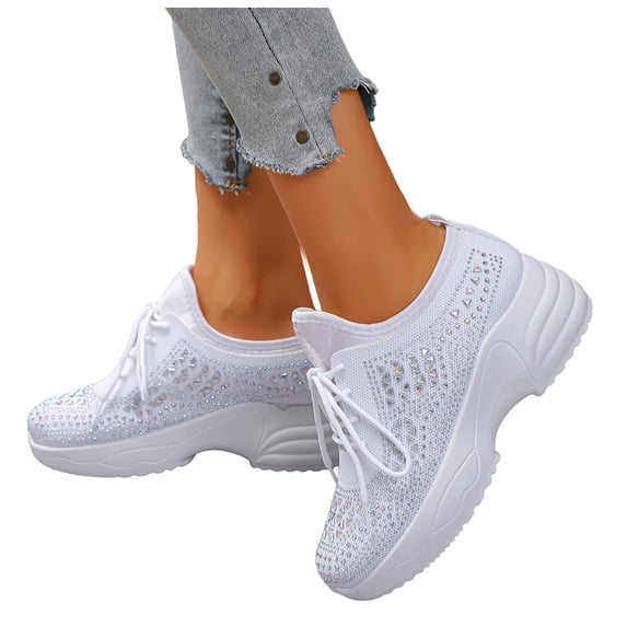Women's Fashion Wedge Sneakers Breathable Glittery Rhinestone Bling Sparkly Sneakers Wedding Dressy Knitted Tennis Shoes White Size 7.5