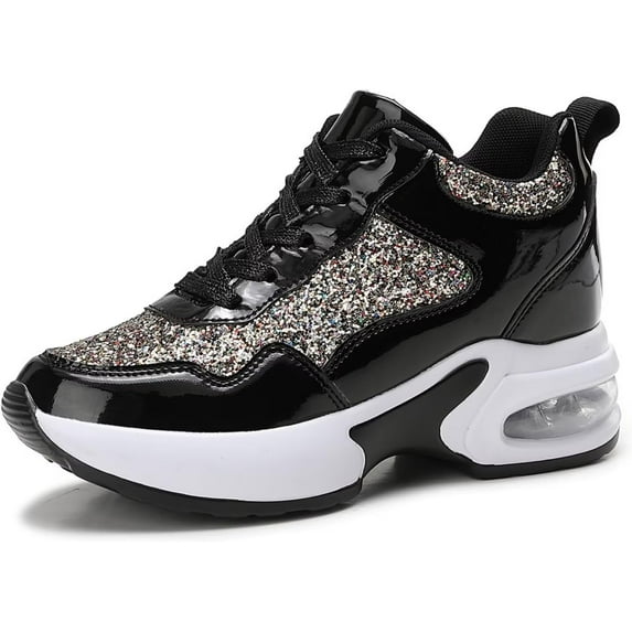Women's Fashion Wedge Sneakers - Hidden Heel Height Platform Shoes with Glitter Detail
