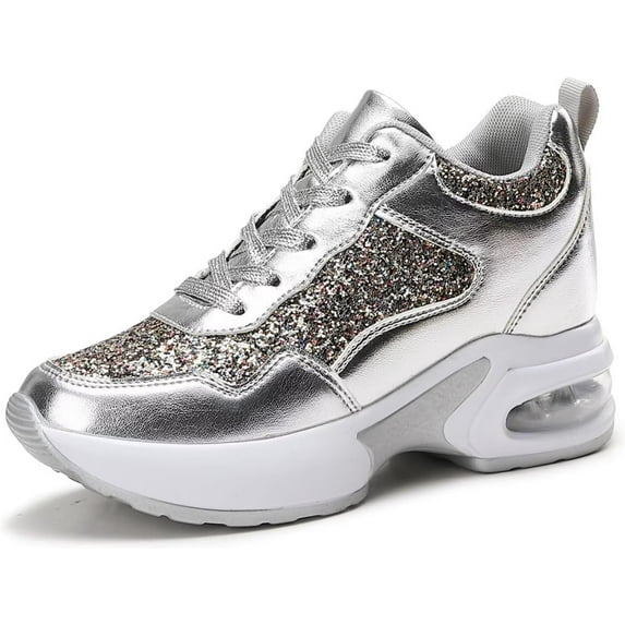 Women's Fashion Wedge Sneakers - Hidden Heel Height Platform Shoes with Glitter Detail
