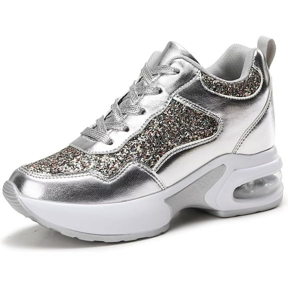 Women's Fashion Wedge Sneakers - Hidden Heel Height Platform Shoes with Glitter Detail