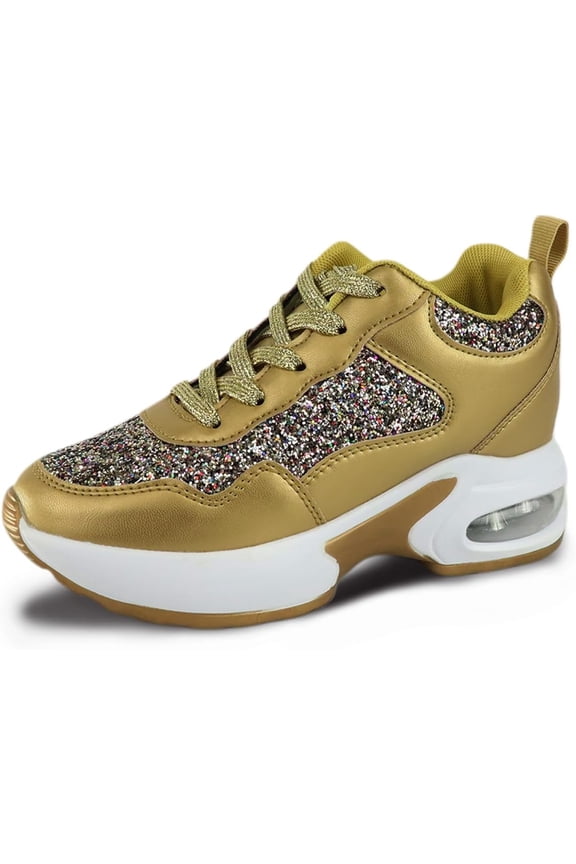 Women's Fashion Wedge Sneakers - Hidden Heel Height Platform Shoes with Glitter Detail