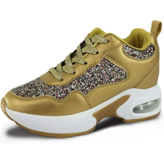 Women's Fashion Wedge Sneakers - Hidden Heel Height Platform Shoes with Glitter Detail