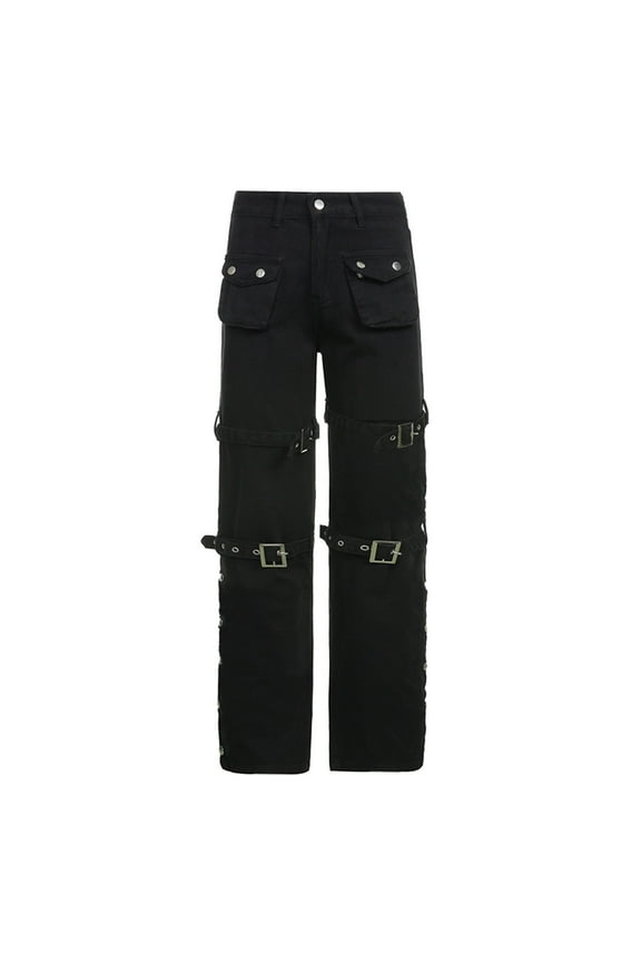 Women's Fashion Wide Straight Leg Punk Cargo Jean Baggy Pants Goth Trousers Streetwear With Pockets