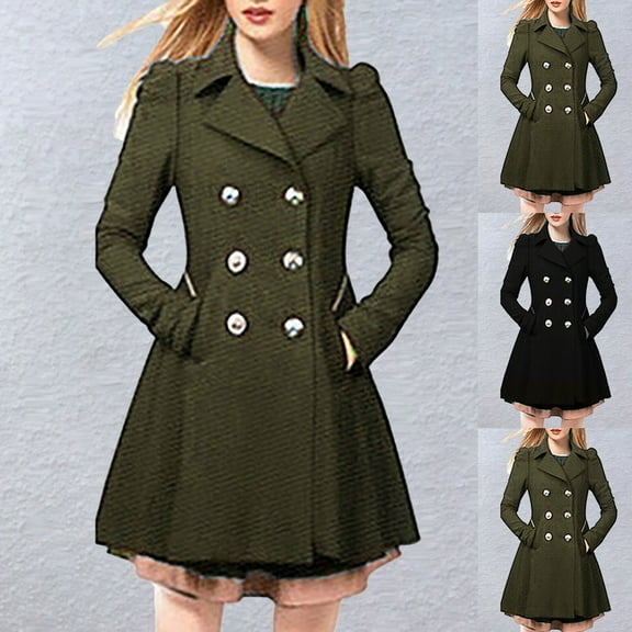 Women's Fashion Winter Coats Notched Lapel Double Peacoat Solid Warm Trench Coat A Line Elegant Dress Womens Petite Long Wool Coat Clothes for plus Size Women Coat Woman plus Size Winter Coats for
