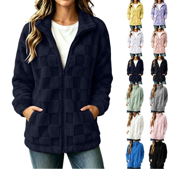 Women's Fashion Winter Coats Sherpa Fleece Shearling Oversized Trendy Jackets Warm Outerwear Clothing Navy M
