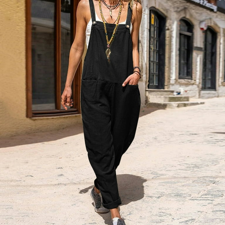 Wiueurtly TEST CARGO TRENDS,Womens Casual Style Loose Overalls Cotton Wide  Cut With Pockets Leg Long Pants 