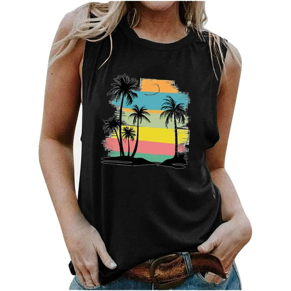 Women's Fashion Y2K Tops Dressy Casual Crew Neck Retro Sunset Graphic Tank Tops Summer Clothes for Teen Girls Vintage Sleeveless Tunic Tops Loose Fit Flowy Elegant Going out Blouse Black T Shirts L