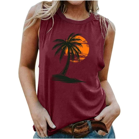 Women's Fashion Y2K Tops Dressy Casual Crew Neck Retro Sunset Graphic Tank Tops Vintage Elegant Going out Blouse Sleeveless Tunic Tops Loose Fit Flowy Summer Clothes for Teen Girls Wine T Shirts M