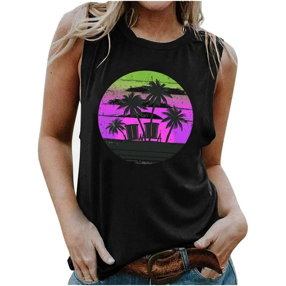 Women's Fashion Y2K Tops Dressy Casual Crew Neck Summer Clothes for Teen Girls Sleeveless Tunic Tops Loose Fit Flowy Retro Sunset Graphic Tank Tops Elegant Going out Blouse Vintage Black T Shirts XL