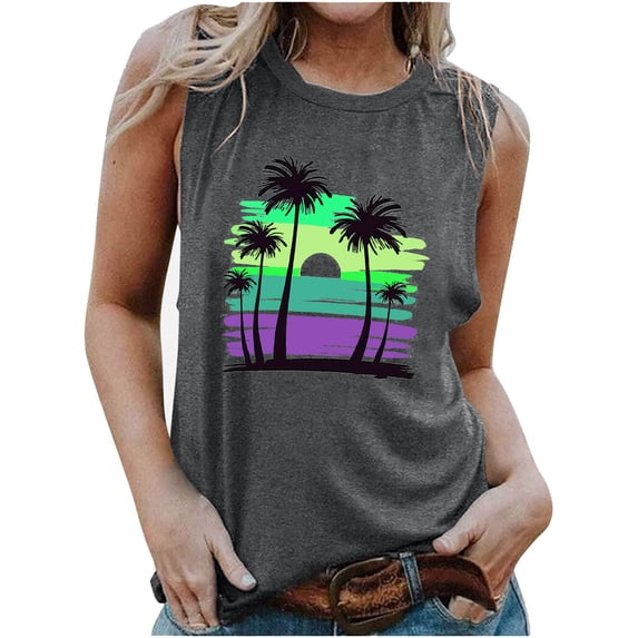 Women's Fashion Y2K Tops Dressy Casual Crew Neck Summer Clothes Vintage Sleeveless Tunic Tops Loose Fit Flowy Retro Sunset Graphic Tank Tops Elegant Going out Blouse Dark Gray T Shirts XXL
