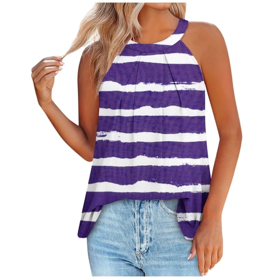 Women's Fashion Y2K Tops Dressy Casual Elegant Pleated Blouse Keyhole Back Summer Clothes Vintage Sleeveless Tunic Tops Loose Fit Flowy Striped Color Block Tank Tops Round Neck Purple T Shirts L