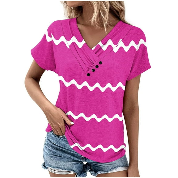 Women's Fashion Y2K Tops Dressy Casual Henley Neck Flowy Shirts 1/4 Button up Blouse Vintage Short Sleeve Tunic Tops Loose Fit Flowy Summer Clothes Striped Color Block Hot Pink T Shirts S