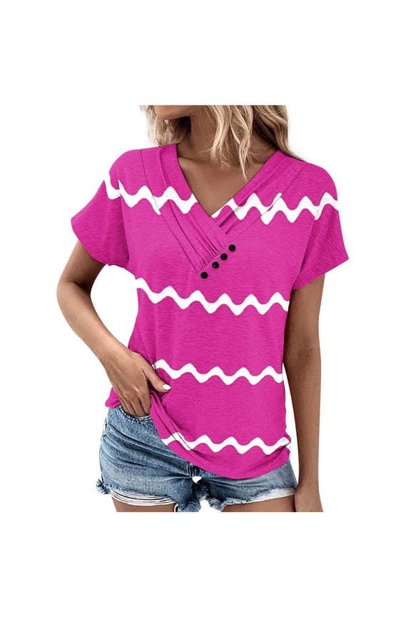 Women's Fashion Y2K Tops Dressy Casual Henley Neck Flowy Shirts 1/4 Button up Blouse Vintage Short Sleeve Tunic Tops Loose Fit Flowy Summer Clothes Striped Color Block Hot Pink T Shirts S