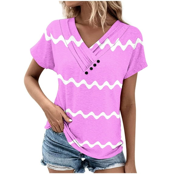 Women's Fashion Y2K Tops Dressy Casual Henley Neck Flowy Shirts 1/4 Button up Blouse Vintage Striped Color Block Short Sleeve Tunic Tops Loose Fit Flowy Summer Clothes for Teen Girls Pink T Shirts XL