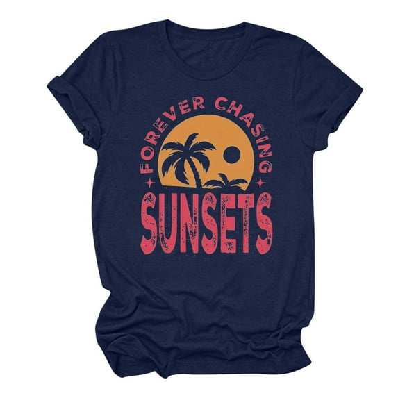 Women's Fashion Y2K Tops Dressy Casual Short Sleeve Tunic Tops Loose Fit Flowy Beach Style Basic T-Shirts Sunset Graphic Tees Vintage Summer Clothes for Teen Girls Round Neck Blouse Navy T Shirts XL