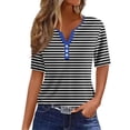 thumbnail image 1 of Women's Fashion Y2K Tops Dressy Casual Vintage Henley Neck Flowy Shirts Striped Color Block Summer Clothes Short Sleeve Tunic Tops Loose Fit Flowy 1/4 Button up Blouse Black T Shirts XL, 1 of 5