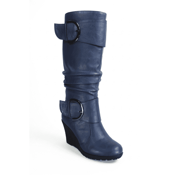 Women's Fashion Zip Knee High Boots Casual Wedge Heel Winter Shoes (Navy Blue, 10)