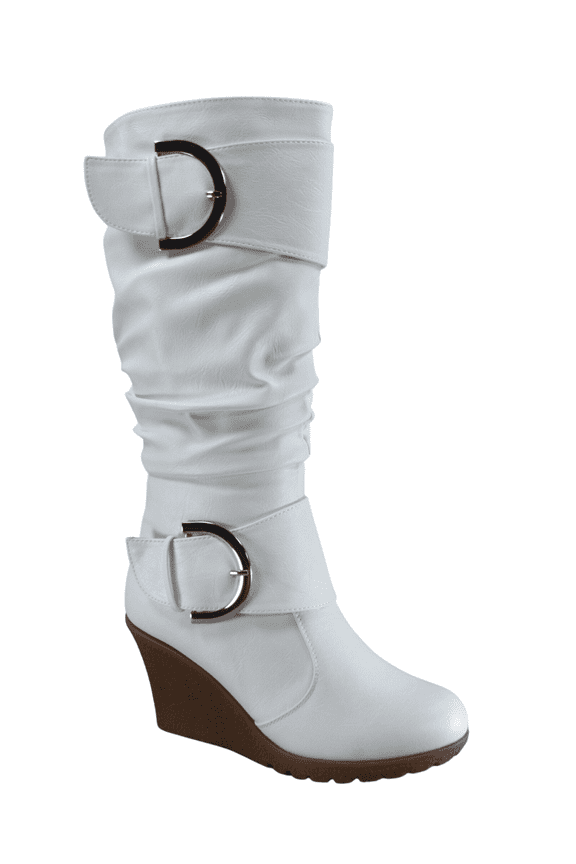 Women's Fashion Zip Knee High Boots Casual Wedge Heel Winter Shoes ( White, 5)