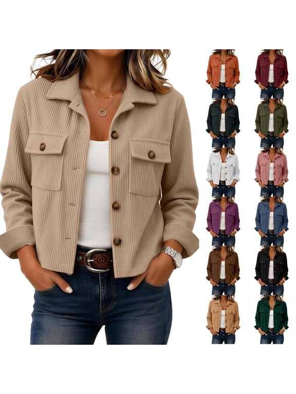 Women's Fashion Corduroy Cropped Shacket Button Down Solid Color Corduroy Crop Jacket Fall Winter Warm Coat White M