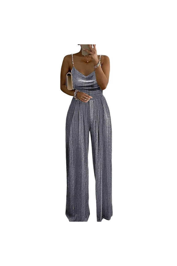 Women's FashionAble And Casual Loose Color Wide Leg Pants Waist Cinching Elegant Suspender Bead Jumpsuit, Size S-2XL