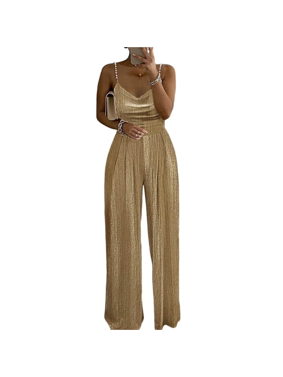 Women's FashionAble And Casual Loose Color Wide Leg Pants Waist Cinching Elegant Suspender Bead Jumpsuit, Size S-2XL