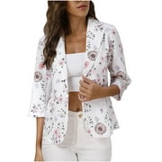 Women's Fashionable 3/4 Sleeve Floral Blazer Dressy Casual Blouse Tops Work Suit Lightweight Buttons Blazer Jacket