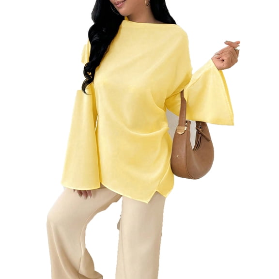 Women's Fashionable And Elegant Solid Color Neck Casual Long Sleeve Top for Chic Everyday Wear,Yellow,S