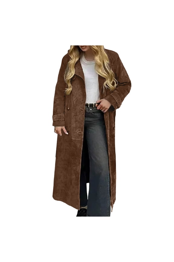 Women's Fashionable And Retro Brown Collar Long Sleeved Waist Tie Button Jacket