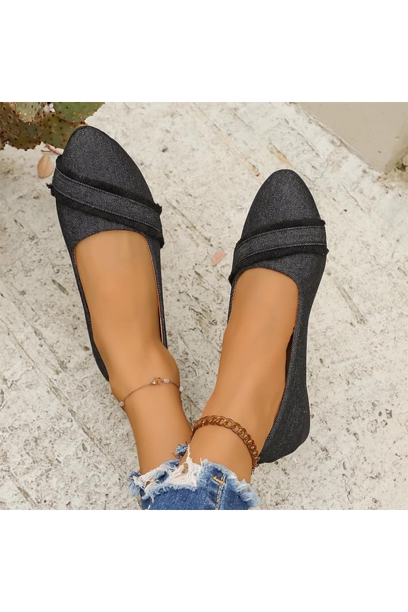 Women's Fashionable Casual And Versatile Denim Outdoor Pointed-Toe Low-Cut Loafers Classic Clog Closed Toe Buckle Strap Mary Jane Shoes Women
