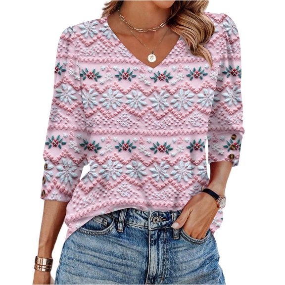 Women's Fashionable Casual Christmas Printed V-Neck Top for Holiday Parties, Seasonal Fashion, and Casual Everyday Wear with Style,Purple Pink,S