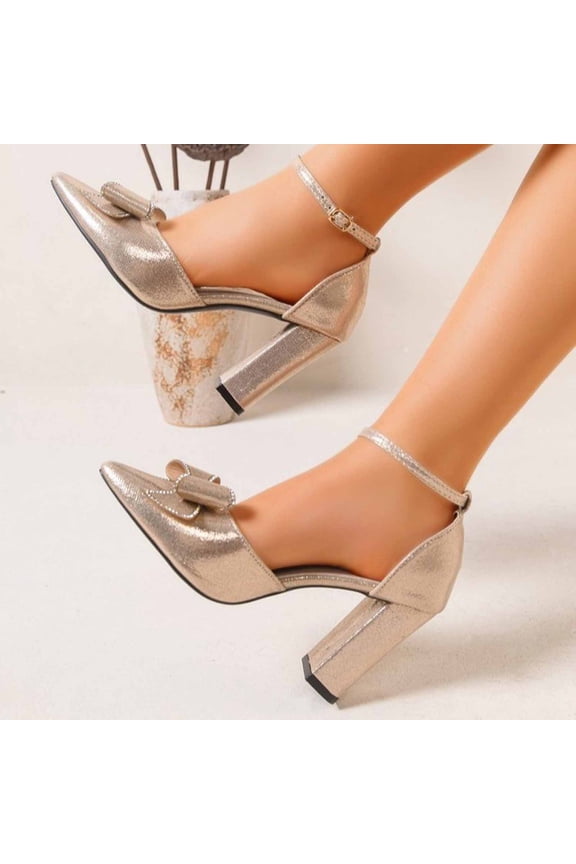Women's Fashionable Casual Comfortable Plus Size Solid Color Bow Rhinestone Sequined Pointed Toe Heel High Heels Low Chunky Heels Senior Front Gifts