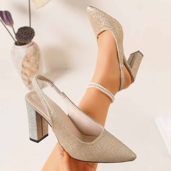 Women's Fashionable Casual Comfortable Plus Size Solid Color Rhinestone Sequined Pointed Toe Heel High Heels Low Chunky Heels Senior Front Gifts